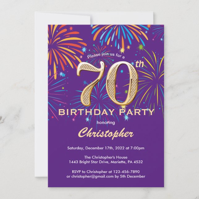Invitation 70e anniversaire violet et or arc-en-ciel feux (Devant)