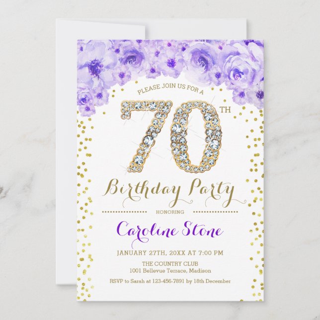 Invitation 70e fête d'anniversaire - Blanc or violet (Devant)
