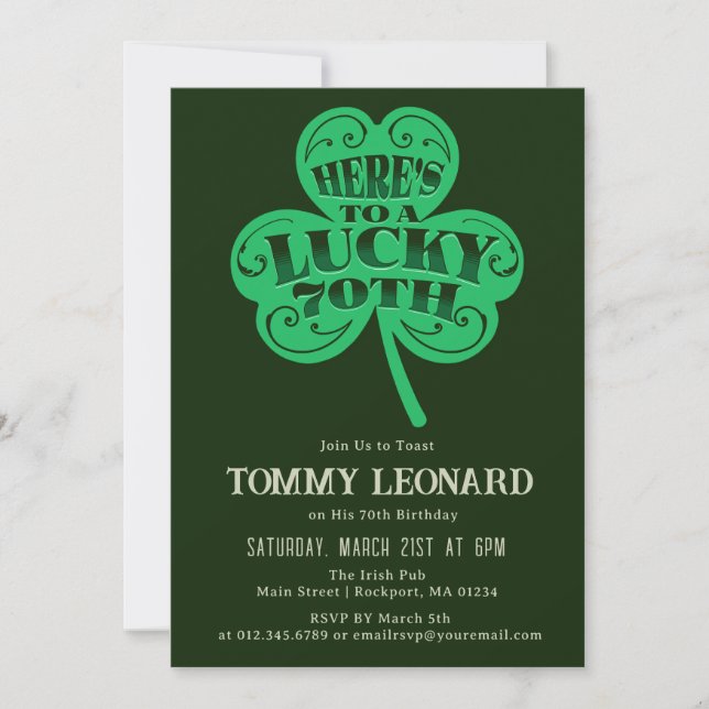 Invitation 70e fête d'anniversaire Lucky Shamrock irlandais (Devant)