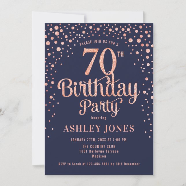 Invitation 70e fête d'anniversaire - Marine & Rose Gold (Devant)