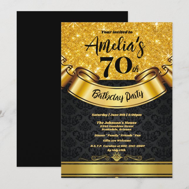 Invitation 70e fête d'anniversaire Parties scintillant d'or-n (Devant / Derrière)