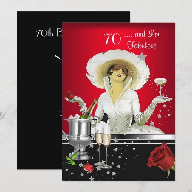 Invitation 70e fête d'anniversaire Retro Diva Art déco Argent (Devant / Derrière)