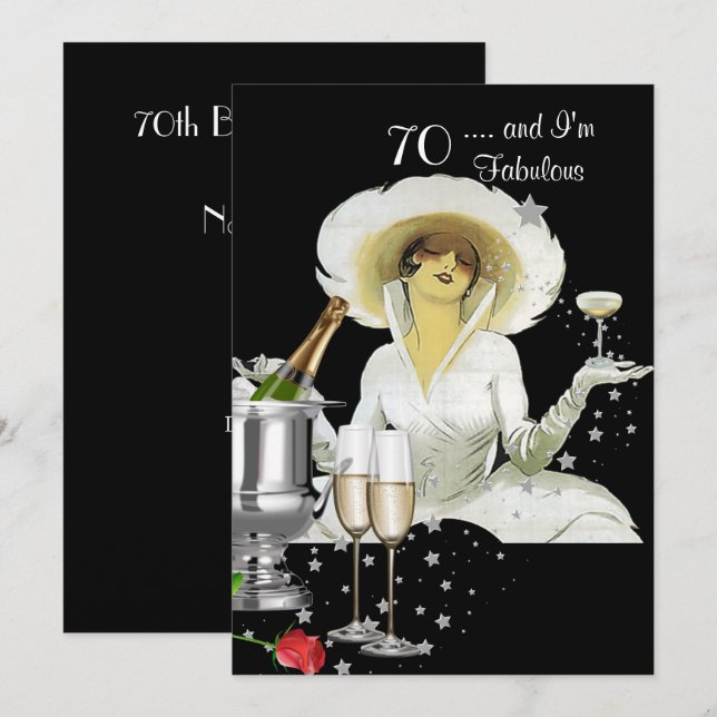 Invitation 70e fête d'anniversaire Retro Diva Art déco Argent (Devant / Derrière)
