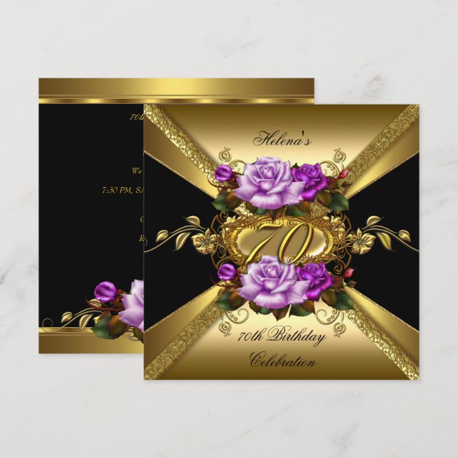 Invitation 70e fête d'anniversaire Roses pourpre or noir (Devant / Derrière)