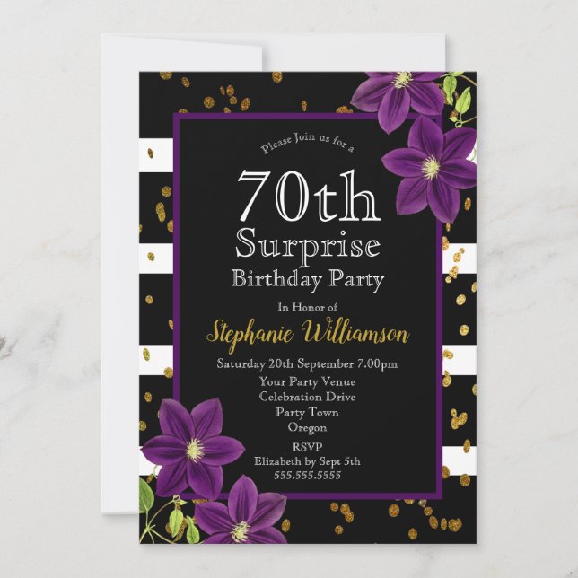 Invitation 70e fête d'anniversaire surprise Noir et or (Devant)