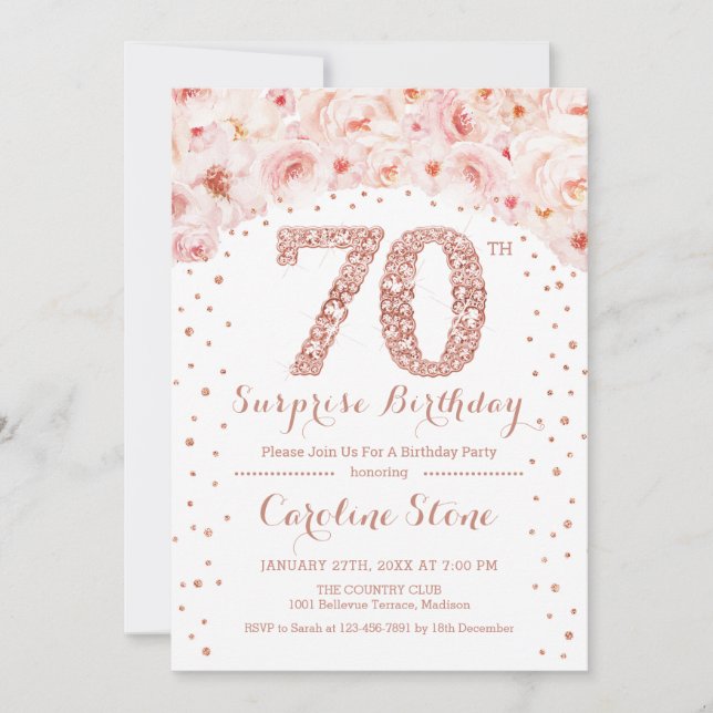 Invitation 70e fête d'anniversaire surprise - Rose blanche or (Devant)