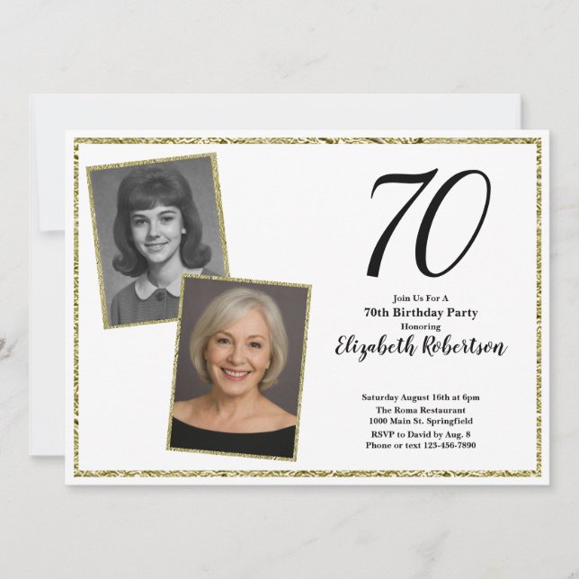 Invitation 70e photo personnalisée Blanc et Or (Devant)