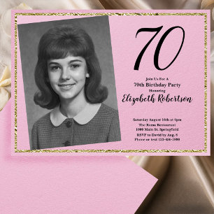 Invitation 70e photo personnalisée rose et or 