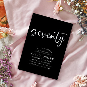 Invitation 70ème Blanc sur Noir Anniversaire Fête Script mode
