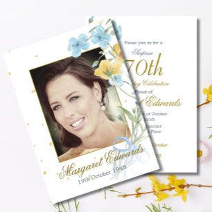 Invitation 70ème Floral Gold Elegant Photo Anniversaire