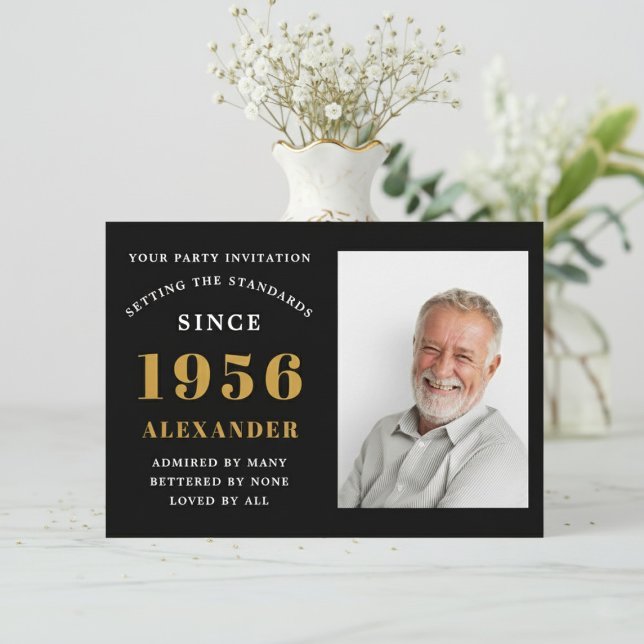 Invitation 70th Birthday 1956 Black Gold Personalized Photo (1956 birthday invitation. White background with flowers.)