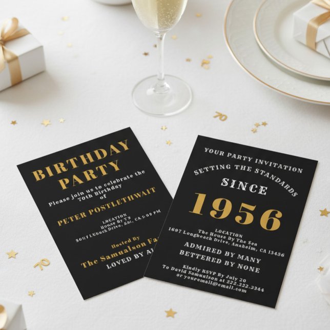 Invitation 70th Birthday Add Name Year Black Gold For Him (1956 invite. White background. )