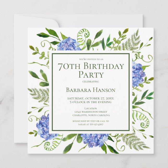 Invitation 70th Birthday Blue Hydrangeas Card Request  (Devant)