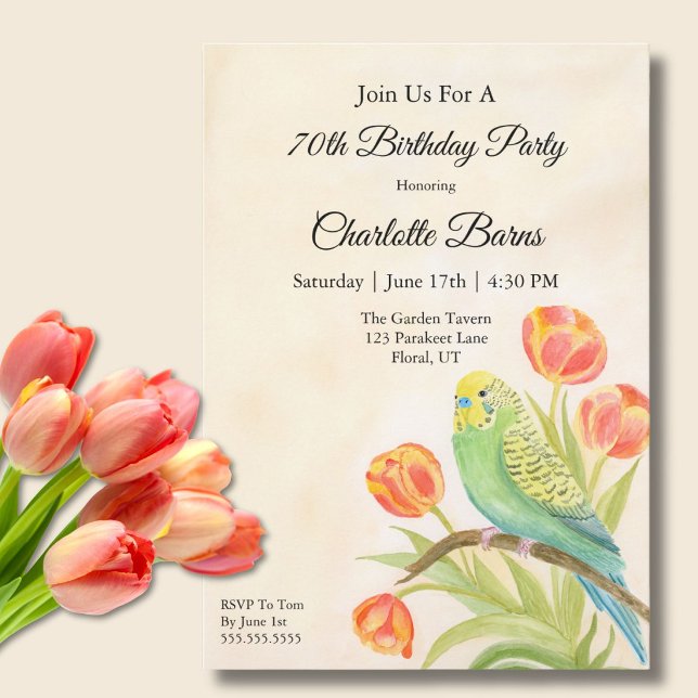 Invitation 70th Birthday Party Parakeet with Tulips  (Créateur téléchargé)