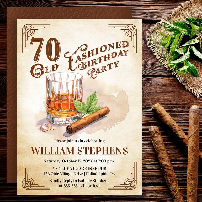 Invitation 70th Old Fashioned Whiskey Cigar Birthday Party (Old Fashioned whiskey 70th birthday invitation with vintage masculine style)