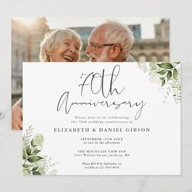 Invitation 70th Wedding Anniversary Greenery Floral Photo (Devant / Derrière)
