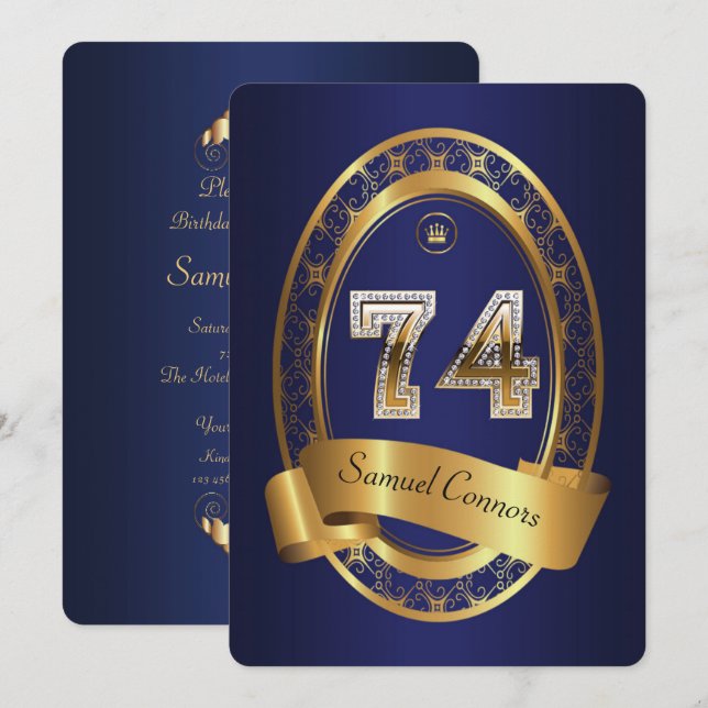 Invitation 74e anniversaire, homme de fête, couleur élégante (Devant / Derrière)