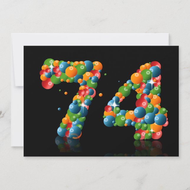 Invitation 74e fête d'anniversaire, avec bulles et balles (Devant)