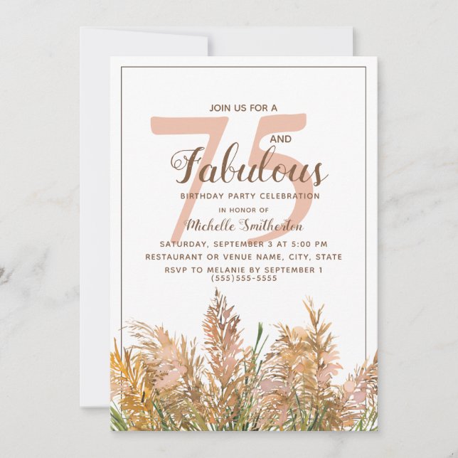 Invitation 75 Fabuleux Pampas Grass sur Blanc Anniversaire (Devant)
