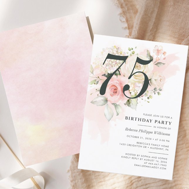 Invitation 75e anniversaire aquarelle florale vert rose (75th Birthday Party Pink Rose Floral Invitation)