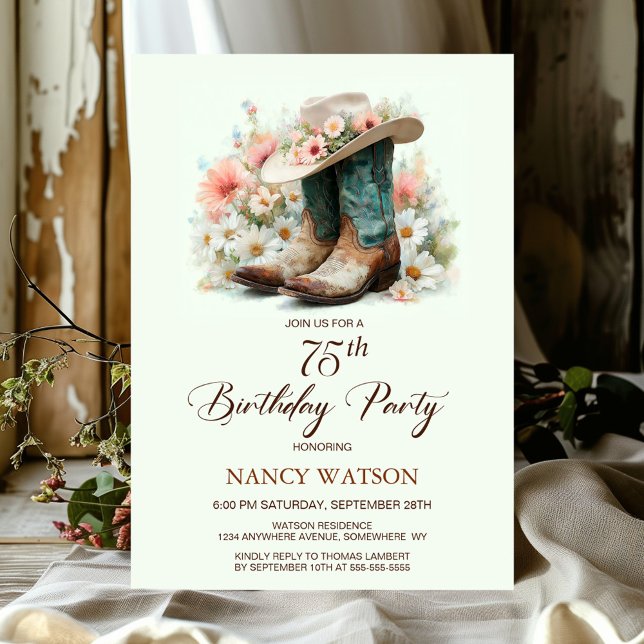 Invitation 75e anniversaire Bottes de fille et fête d'anniver (Créateur téléchargé)
