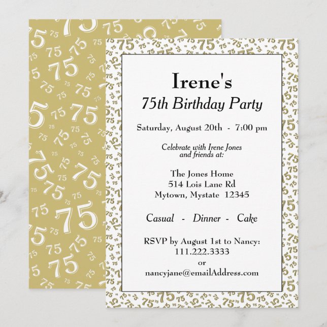 Invitation 75e anniversaire de fête Gold et blanc Motif numér (Devant / Derrière)