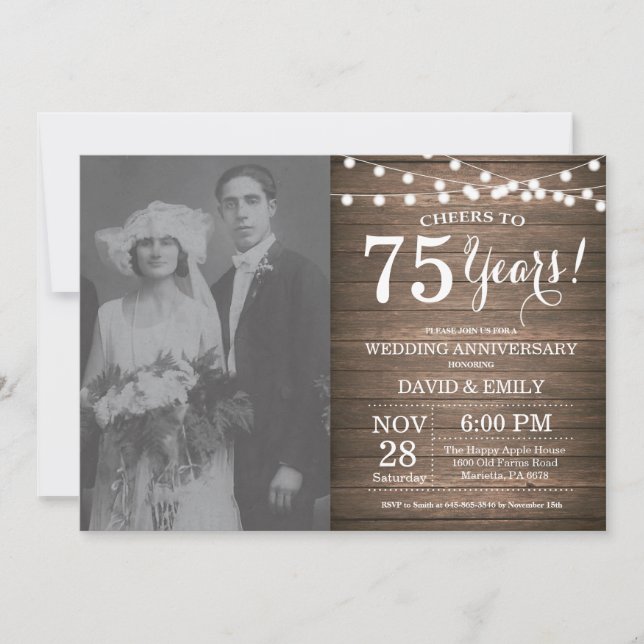 Invitation 75e anniversaire de mariage Bois rustique (Devant)