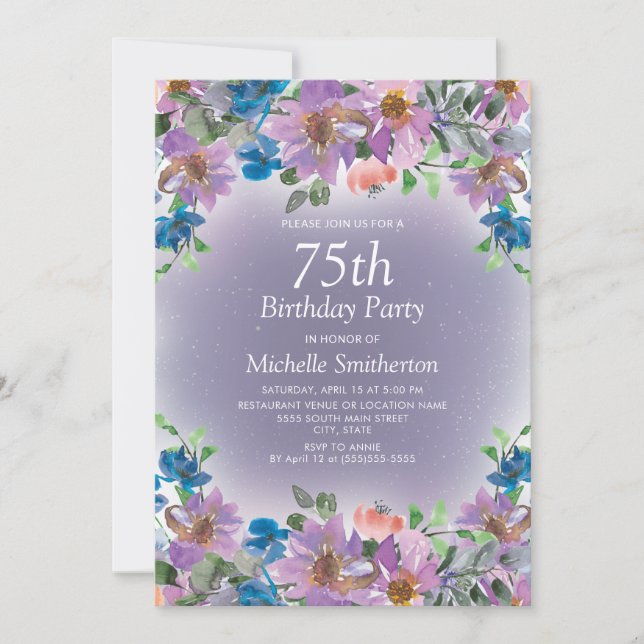 Invitation 75e anniversaire des femmes florales bleu violet (Devant)