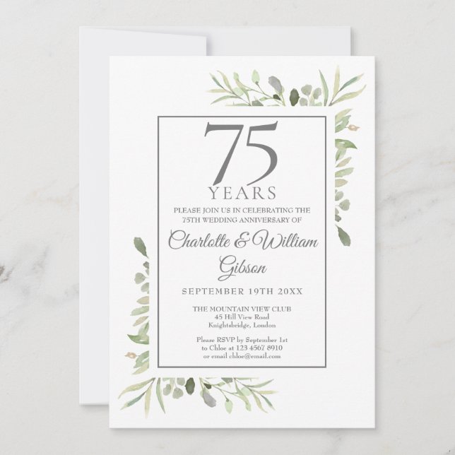 Invitation 75e anniversaire du Mariage Aquarelle Verdure (Devant)
