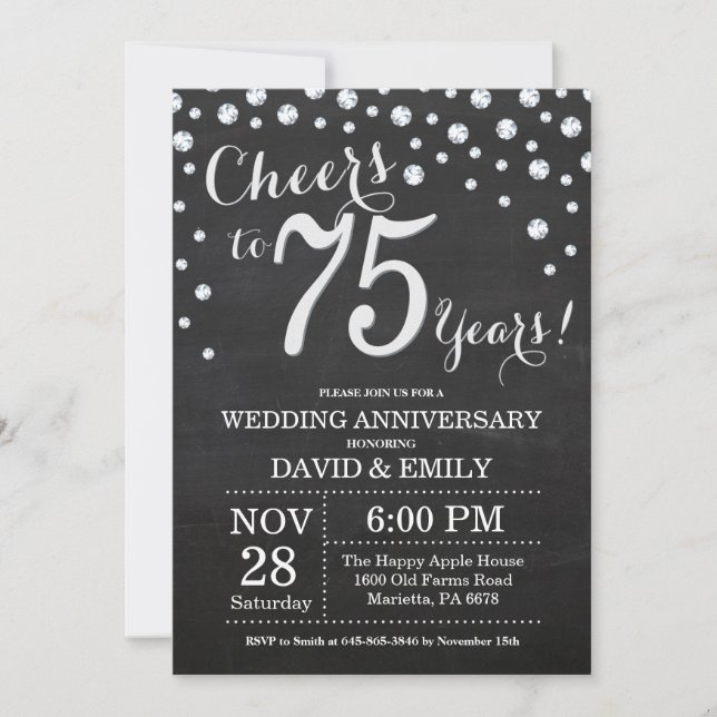 Invitation 75e anniversaire du Mariage Chalkboard Black Silve (Devant)