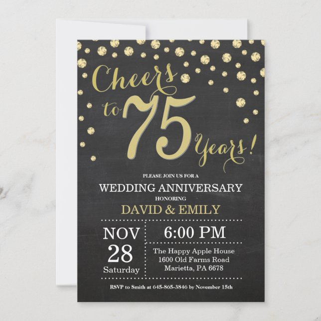 Invitation 75e anniversaire du Mariage Chalkboard noir et or (Devant)
