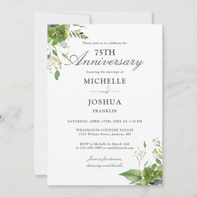 Invitation 75e anniversaire du Mariage Floral Green Photo (Devant)