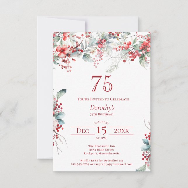 Invitation 75e anniversaire Elégant Berry d'hiver Botanique (Devant)