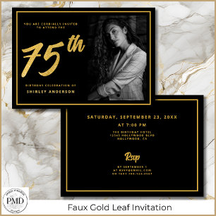 Invitation 75e anniversaire Elégante photo Black Faux Gold Le
