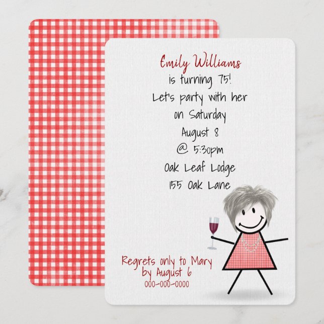 Invitation 75e anniversaire Fille avec vin (Devant / Derrière)