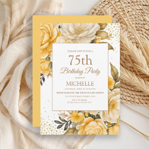 Invitation 75e anniversaire fleurs jaunes paillett