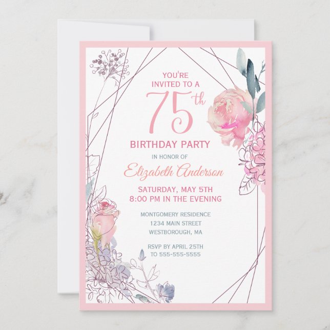 Invitation 75e anniversaire Floral Blush Rose Watercolor Part (Devant)