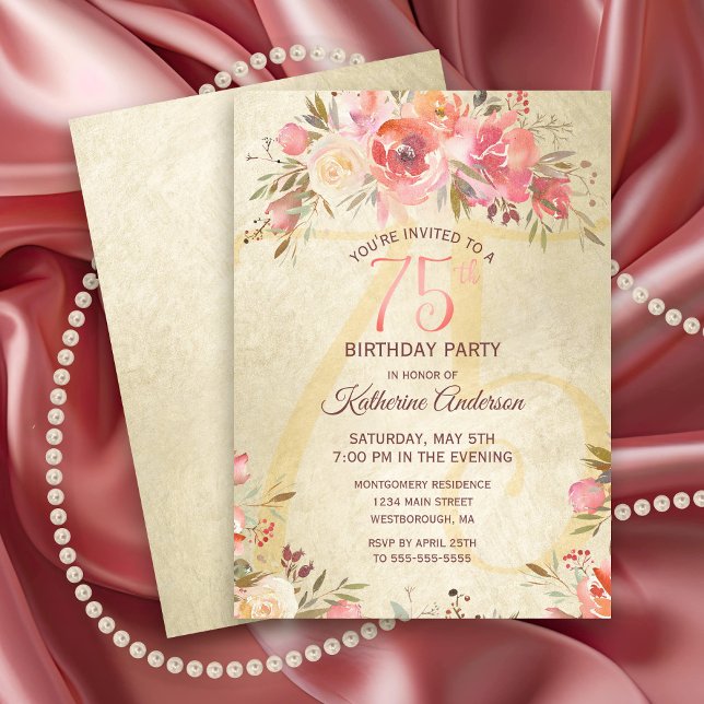 Invitation 75e anniversaire Floral Rose Roses Gold Shimmer Pa (Vintage Pink Rose Gold Shimmer 75th Birthday Party Invitation)