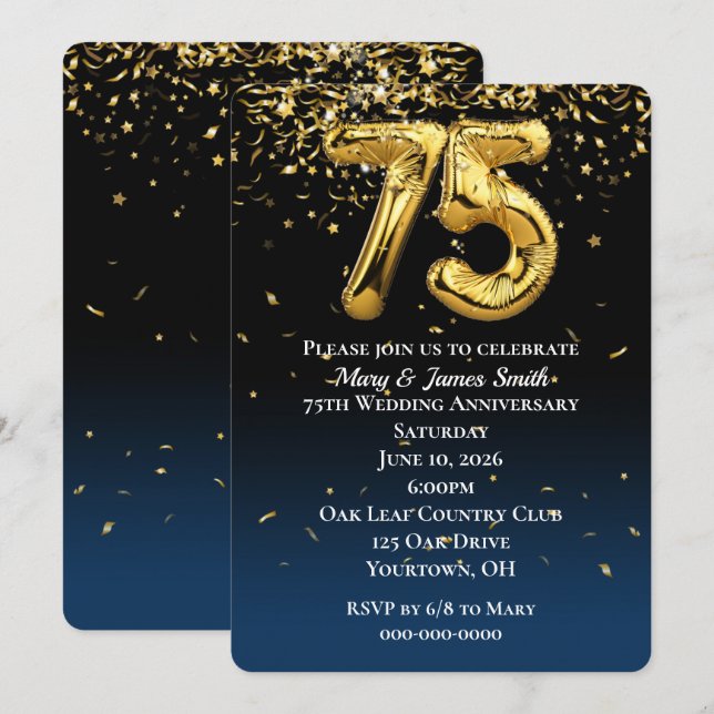 Invitation 75e anniversaire Gold Balloons & Confetti Invitati (Devant / Derrière)