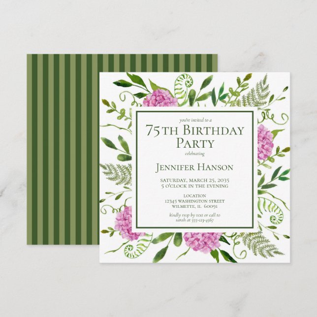 Invitation 75e anniversaire Hydrangeas roses (Devant / Derrière)
