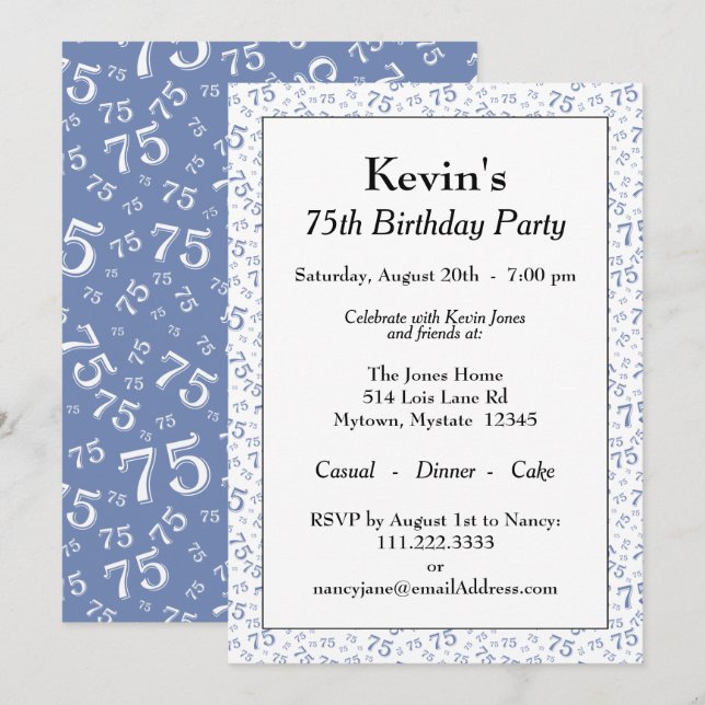Invitation 75e anniversaire Motif de la fête bleue et blanche (Devant / Derrière)
