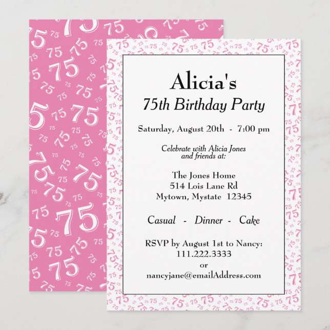 Invitation 75e anniversaire Motif de la fête rose et blanc (Devant / Derrière)