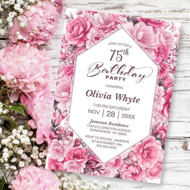 Invitation 75e anniversaire Rose Rose Floral Party (Créateur téléchargé)