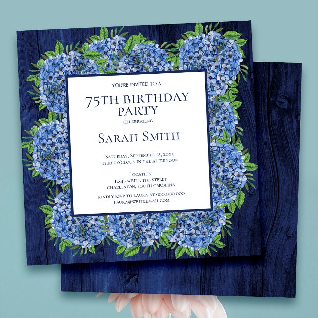 Invitation 75e anniversaire Rustic Wood Blue Hydrangeas Party (Créateur téléchargé)