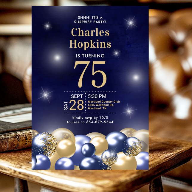 Invitation 75e anniversaire Surprise Marine Bleu Ballons d'or (Créateur téléchargé)