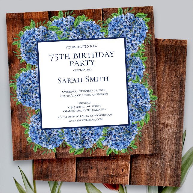 Invitation 75e anniversaire Wood Blue Hydrangeas Rustic Party (Créateur téléchargé)