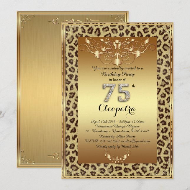 Invitation 75e, fête d'anniversaire 75e, or Royal Cheetah plu (Devant / Derrière)