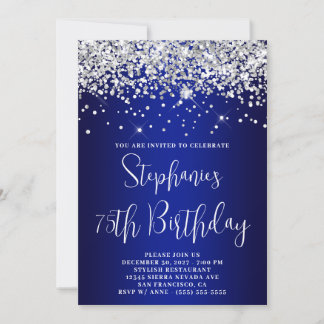 Invitation 75th Birthday Silver Glitter Royal Blue Navy Ombre