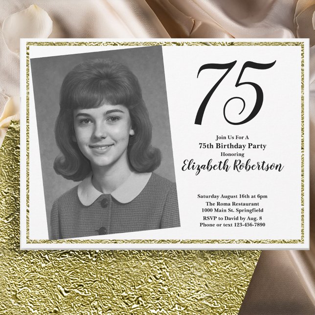 Invitation 75th Custom Photo White and Gold  (Créateur téléchargé)