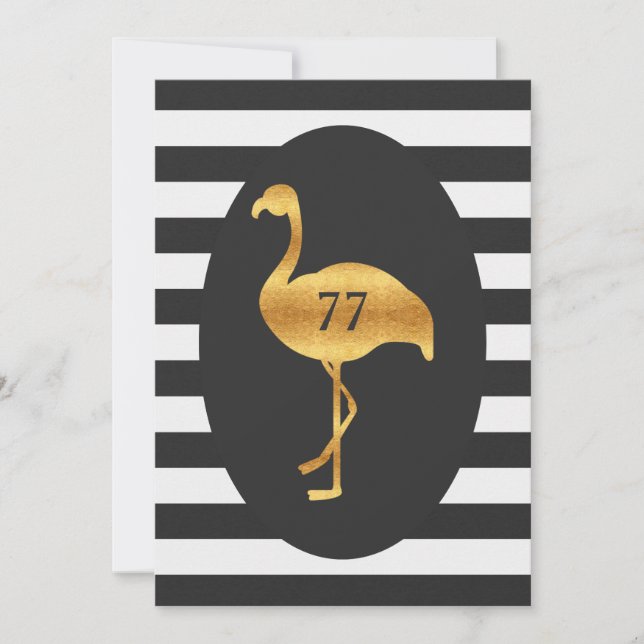 Invitation 77e anniversaire Flamant rose d'or noir blanc rayu (Devant)